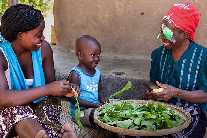 A child, a mother and a grandmother sit around a bowl preparing green leafy vegetables. All are smiling. The grandmother is wearing two greeen eye patches (post surgery), one patch has been removed from her right eye but the tape is still attached to her cheek.