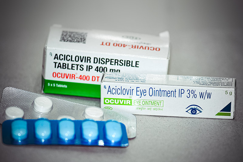 Aciclovir tablet blister packs, box and packaged tube of Aciclovir ointment