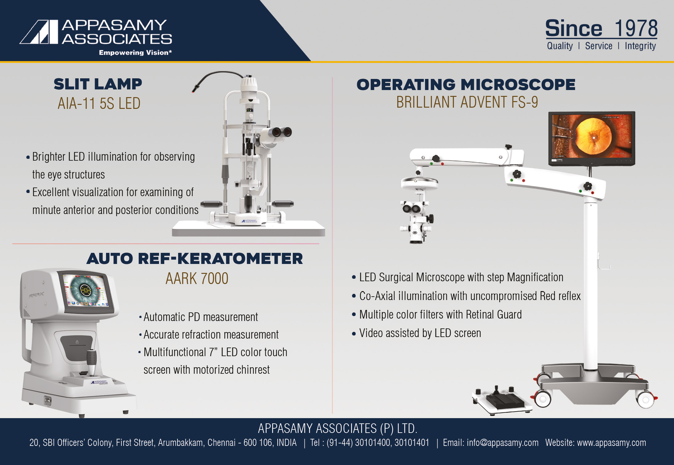 Advert for Appasamy Associates featuring some of their products: a slit lamp, an auto-ref keratometer and an operating microscope