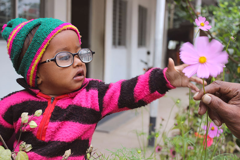 A young child dressed in a pink and black stripe top and a wool hat and spectacles reaches to take a pink flower from an adult's hand