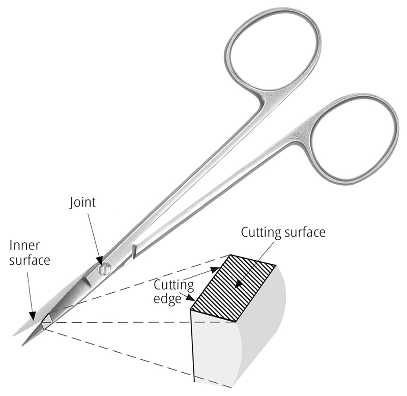 A drawing ofa pair of scissors and a close up drawing of what the cutting edge of the scissors looks like