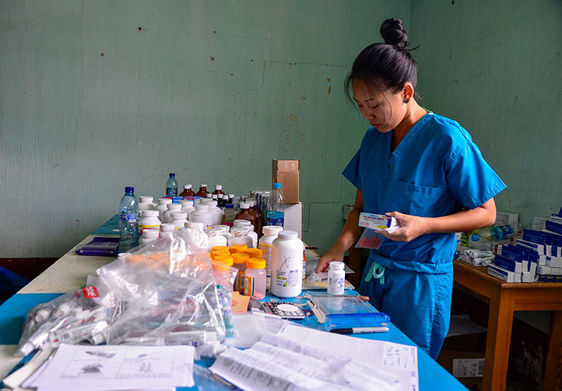 A female pharmacist standing at a table full of medicines, sorting them